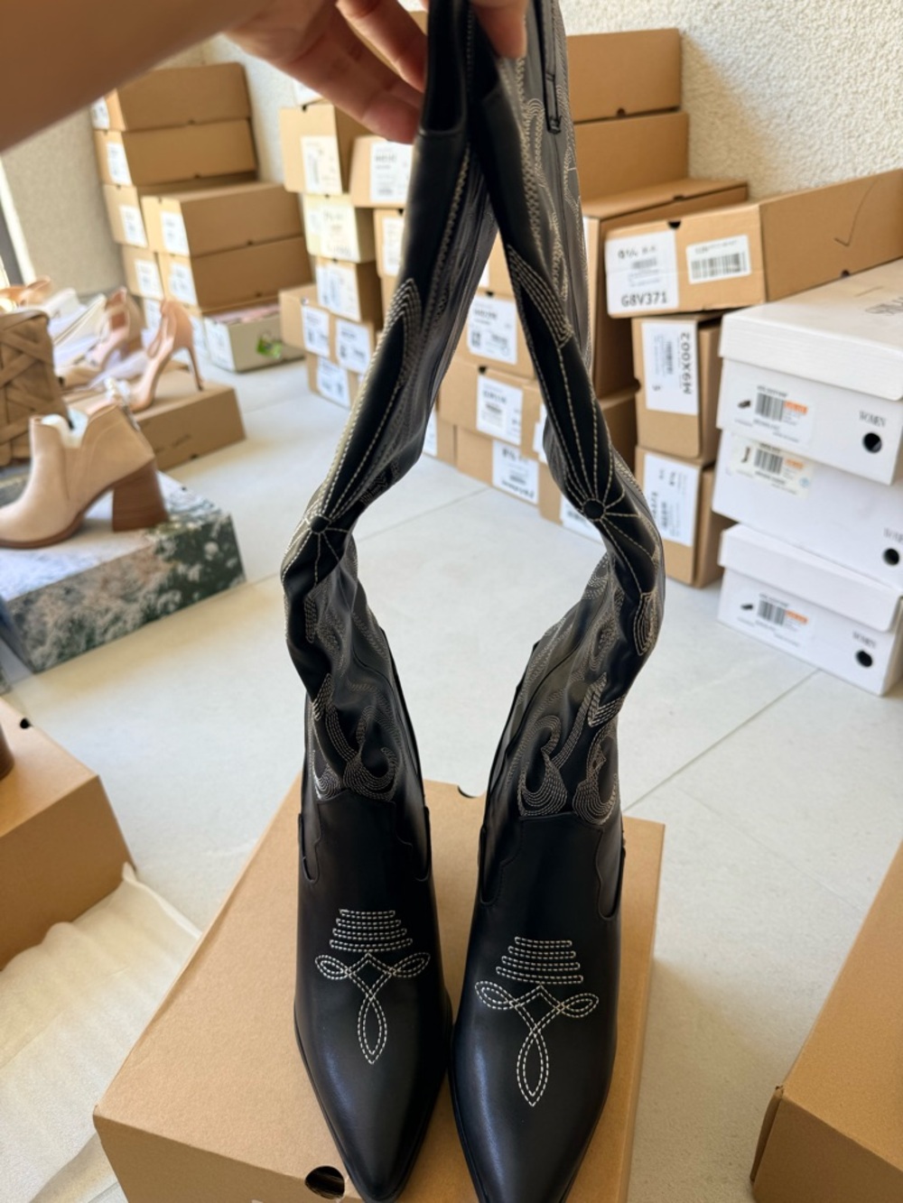 Black Embellished Cowboy Knee Boots